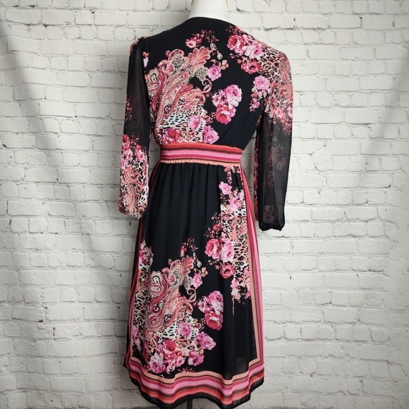 Bisou Bisou Michele Bohbot Dress 8  Pink Coral Black Flower Sheer  3/4 Sleeves - Picture 3 of 11
